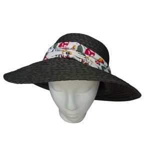 Marcus Adler Black 100% Paper Straw Floppy‎ Hat Floral Scarf Band Wide Brim